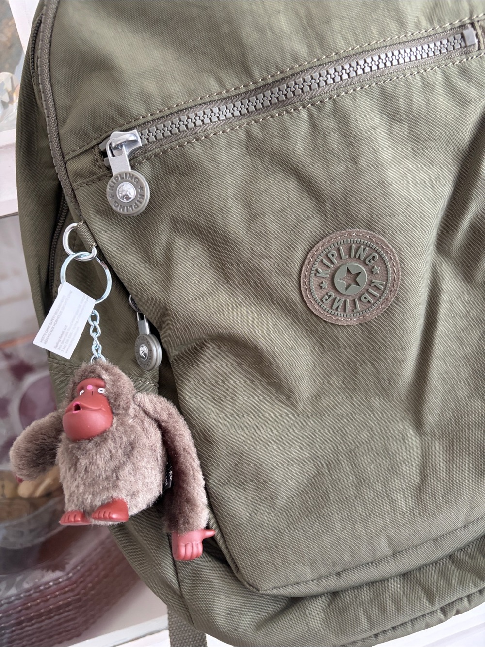Kipling Olive Green Everyday Backpack with Monkey Keychain - Picture 2 of 4